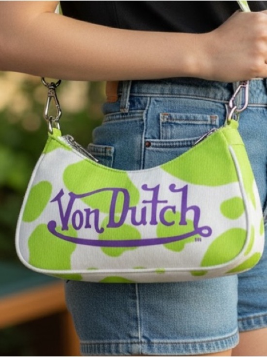 Von Dutch Handbags - Von Dutch Vegan Pony Hair Lime Green Cow Shoulder Hand Bag with Purple Logo